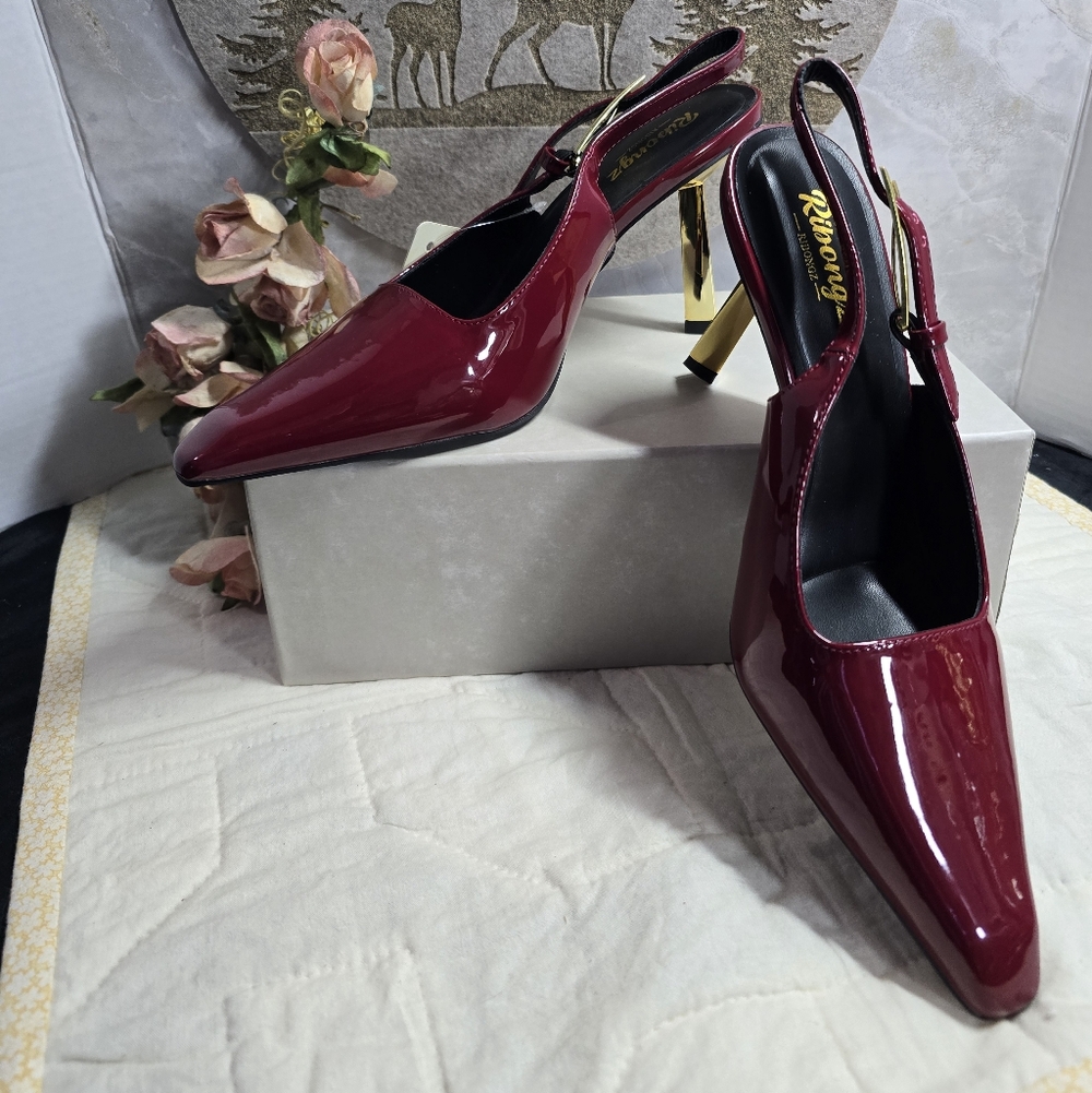 Ribongz Slingback Heels NEW Sz 9.5,  Wine Red FAUX Patent Leather